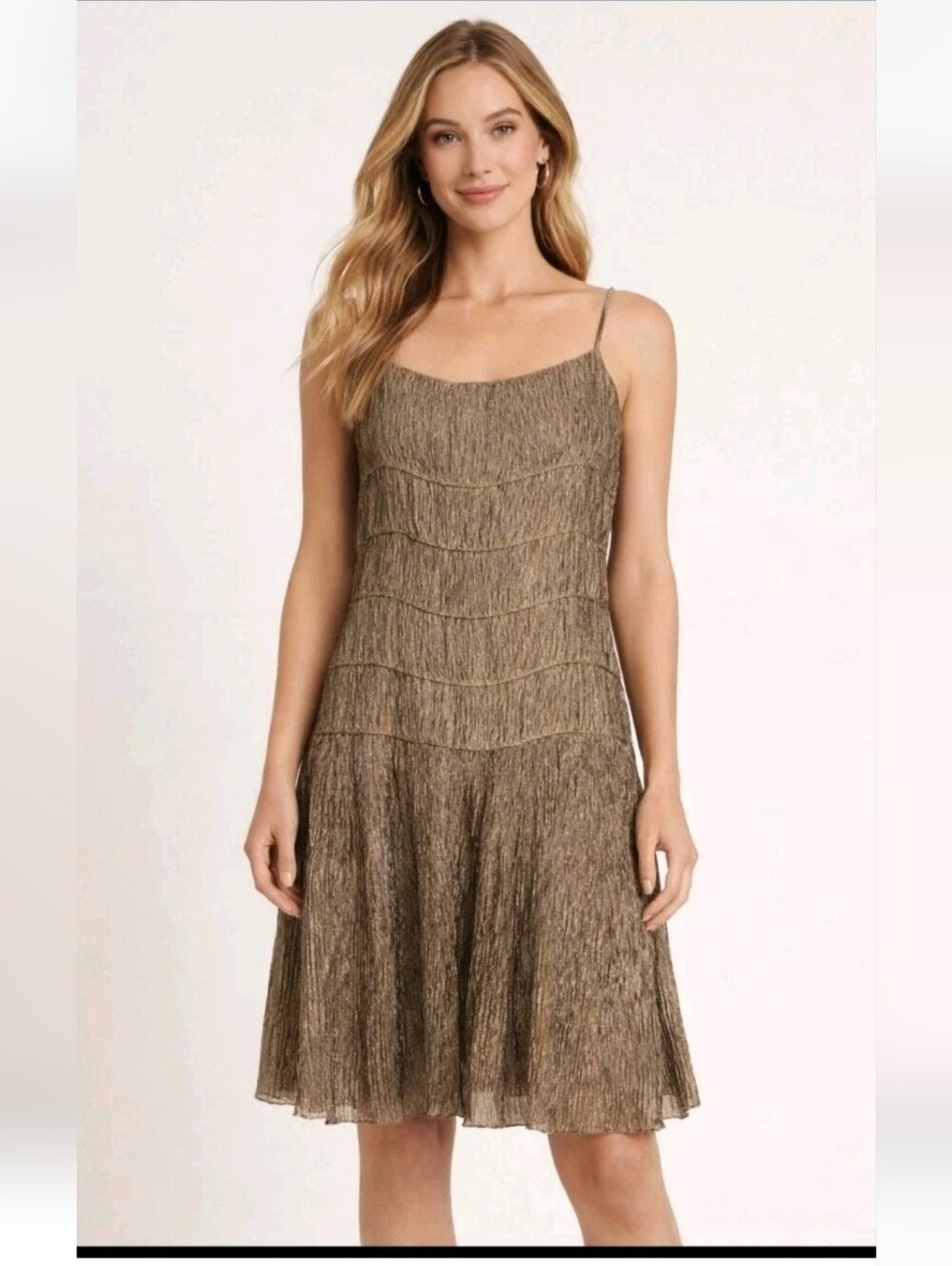 Dusk Collection  Bronze Gold Tiered Metallic Crinkle  Slip Party Dress Size 12